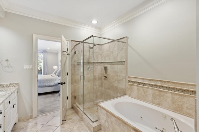 bathroom with tile patterned floors, crown molding, vanity, and independent shower and bath