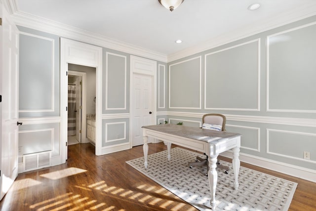 office space with dark hardwood / wood-style flooring and ornamental molding