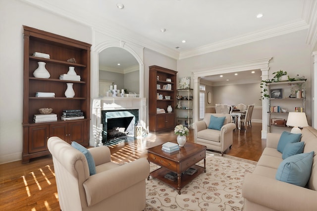 living room featuring light hardwood / wood-style floors, a premium fireplace, and ornamental molding