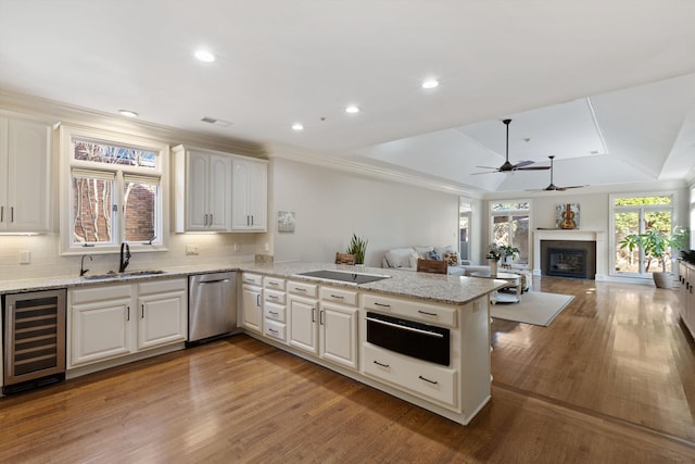 kitchen with white cabinets, a raised ceiling, sink, stainless steel dishwasher, and kitchen peninsula