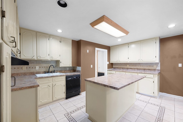 kitchen with dishwasher, a kitchen island, light tile patterned floors, and sink