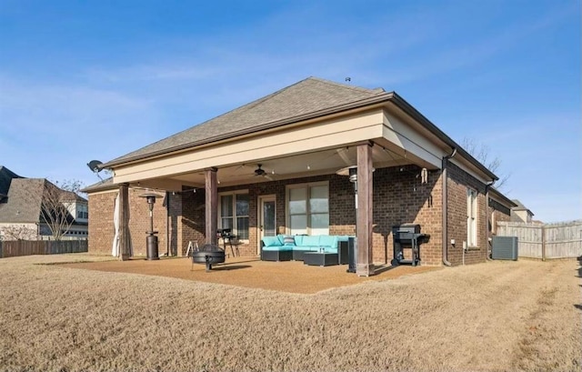 rear view of property with an outdoor hangout area, ceiling fan, a patio, and central AC unit