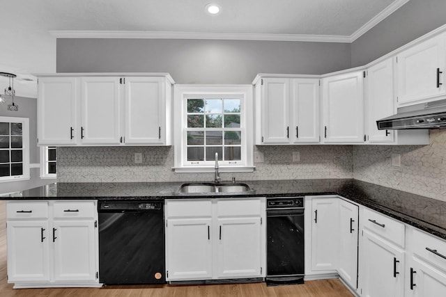 kitchen featuring dark stone countertops, white cabinetry, dishwasher, and sink