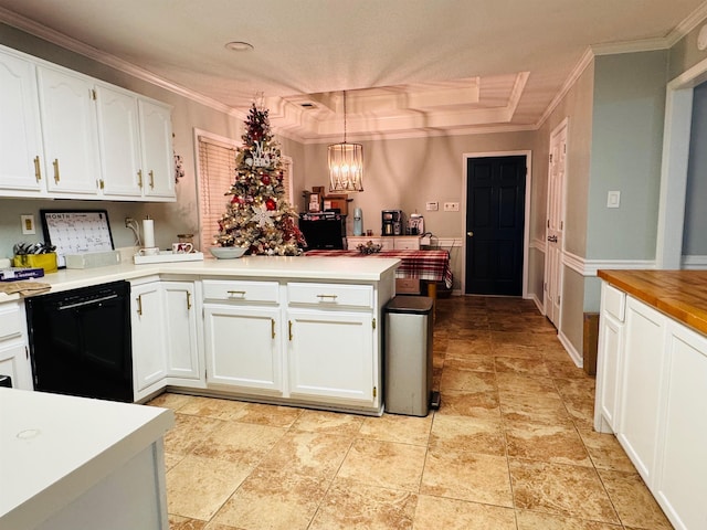 kitchen with dishwasher, kitchen peninsula, decorative light fixtures, a notable chandelier, and white cabinetry