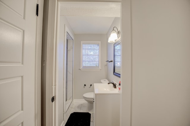 bathroom with toilet, vanity, and walk in shower