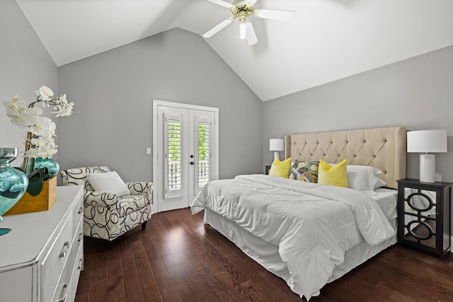 bedroom with ceiling fan, french doors, dark hardwood / wood-style flooring, lofted ceiling, and access to outside