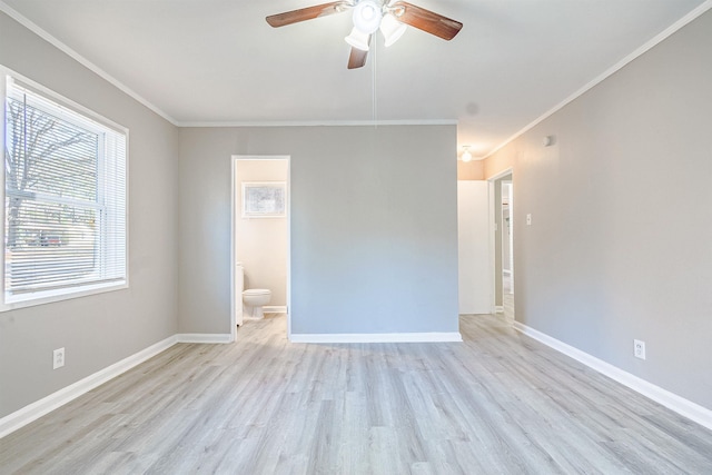 empty room with light hardwood / wood-style floors, ceiling fan, and ornamental molding