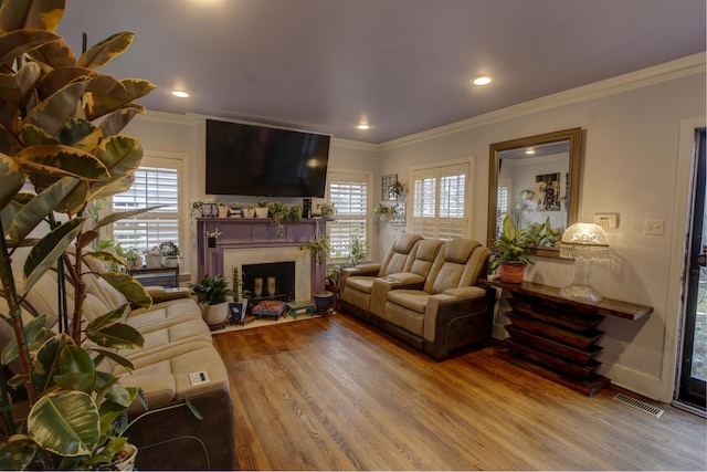 living room featuring hardwood / wood-style floors, a wealth of natural light, and ornamental molding