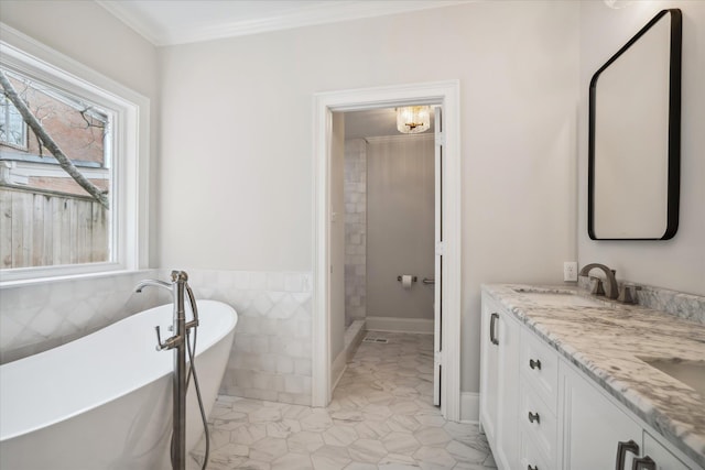 bathroom featuring ornamental molding, vanity, a bathtub, and a healthy amount of sunlight