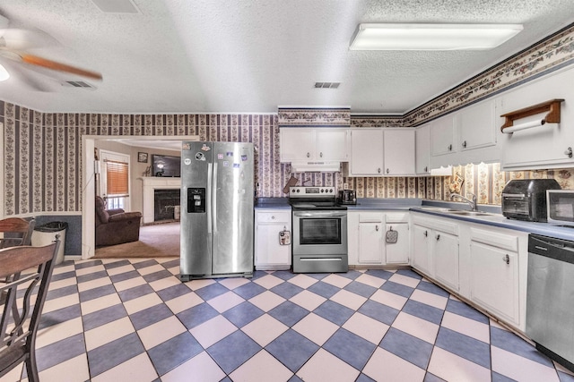 kitchen with white cabinetry, sink, ceiling fan, stainless steel appliances, and a textured ceiling