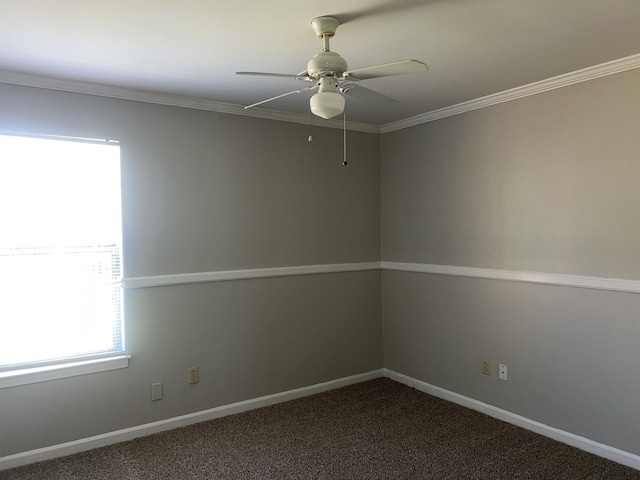 unfurnished room featuring carpet flooring, ceiling fan, and crown molding