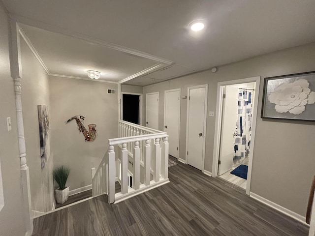 hall with crown molding and dark wood-type flooring