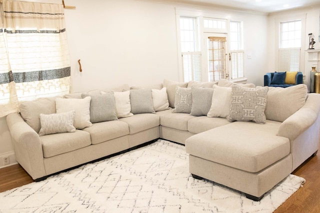 living room with hardwood / wood-style floors and crown molding