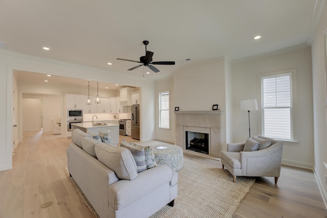 living room with light hardwood / wood-style flooring, ceiling fan, ornamental molding, and sink