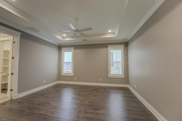 spare room with a raised ceiling, a healthy amount of sunlight, and ornamental molding