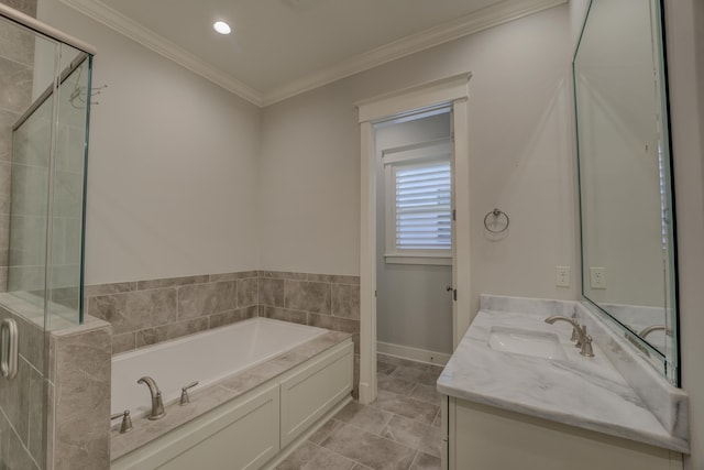 bathroom with tile patterned floors, vanity, shower with separate bathtub, and ornamental molding