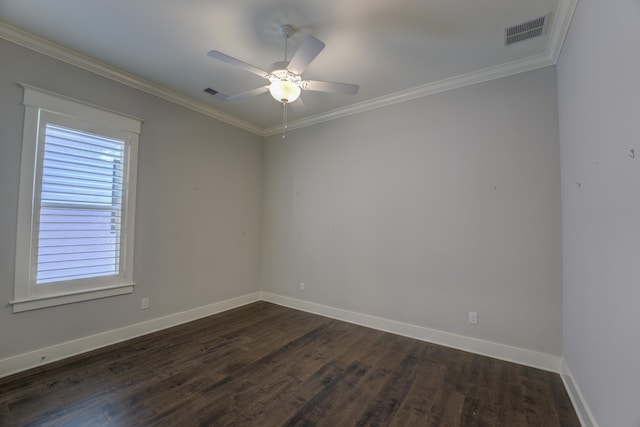 unfurnished room with dark hardwood / wood-style flooring, ceiling fan, and ornamental molding