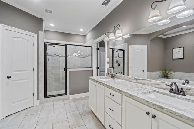 bathroom with walk in shower and ornamental molding