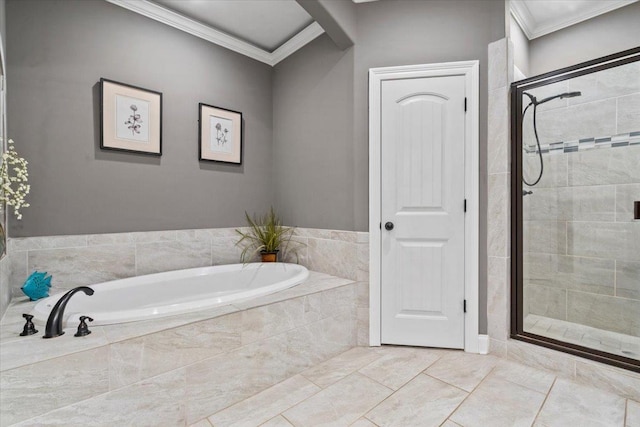 bathroom featuring plus walk in shower, tile patterned floors, and crown molding