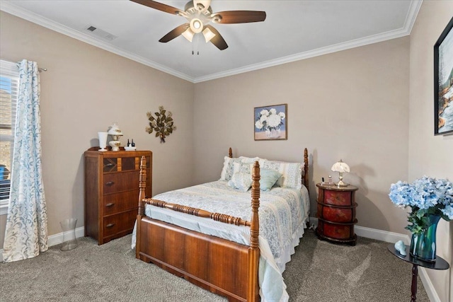 bedroom featuring carpet flooring, ceiling fan, and ornamental molding