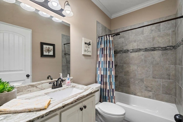 full bathroom with shower / tub combo, vanity, toilet, and ornamental molding