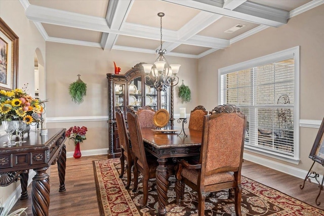 dining area featuring coffered ceiling, crown molding, wood-type flooring, beamed ceiling, and a chandelier