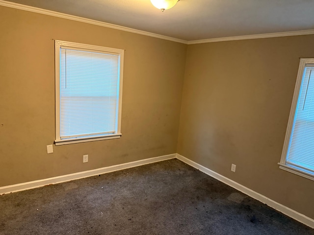 spare room with dark carpet and ornamental molding