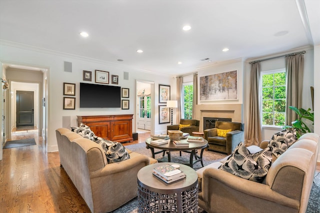 living room featuring hardwood / wood-style floors and ornamental molding