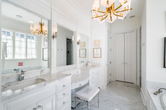 bathroom featuring vanity, a tub to relax in, crown molding, and a chandelier