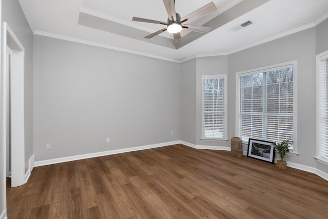 spare room featuring a tray ceiling, ceiling fan, and ornamental molding