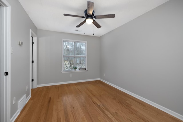 empty room featuring ceiling fan and light hardwood / wood-style floors