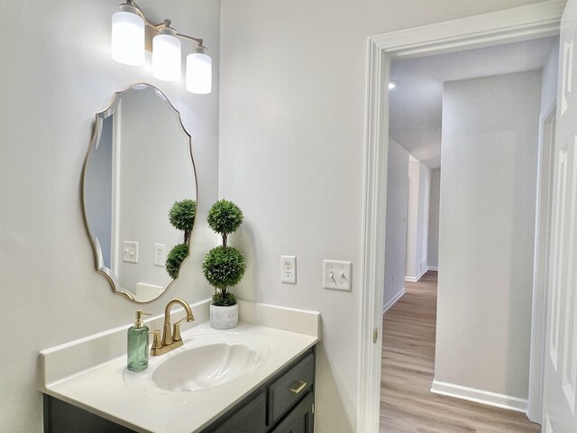 bathroom with hardwood / wood-style flooring and vanity