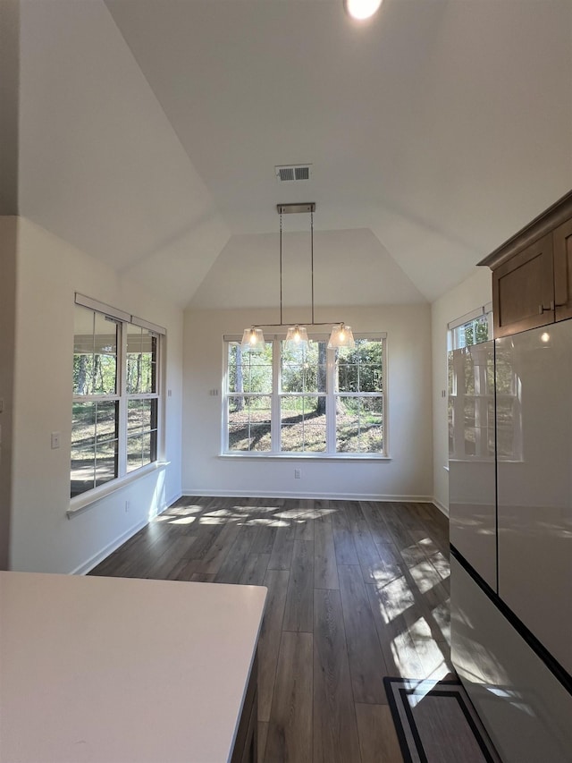 unfurnished dining area with dark hardwood / wood-style floors and lofted ceiling