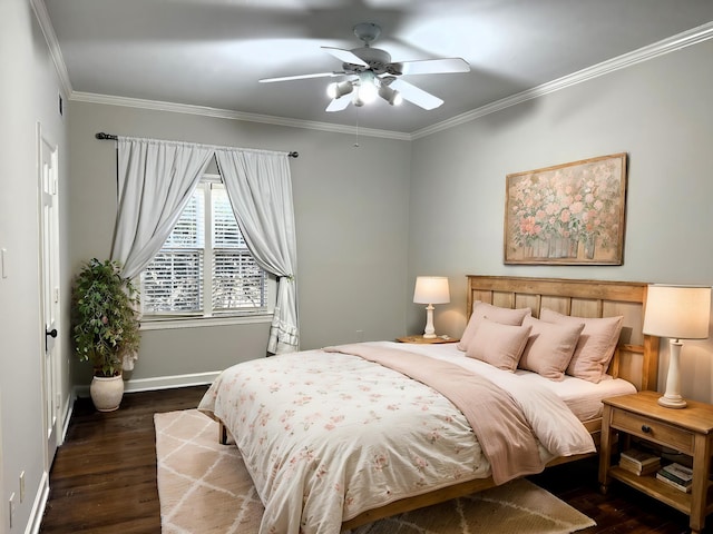 bedroom featuring ceiling fan, crown molding, and dark wood-type flooring