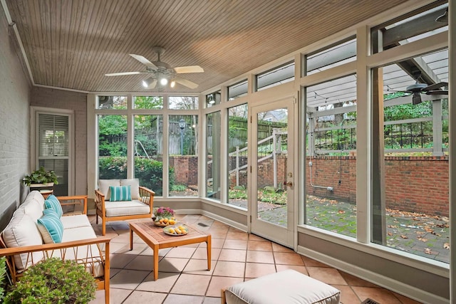 sunroom / solarium featuring ceiling fan and wooden ceiling