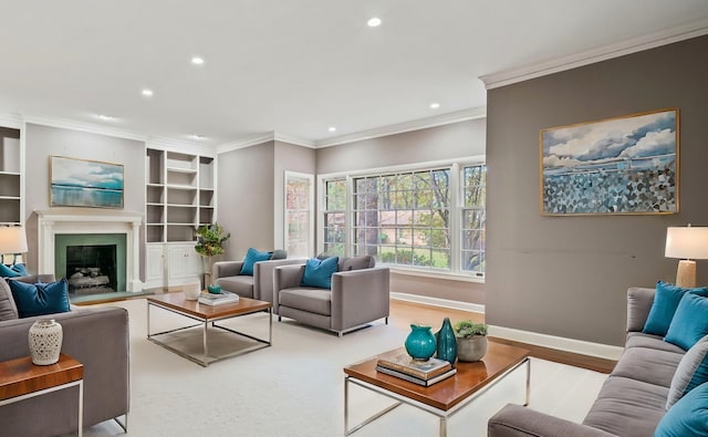 living room with built in shelves and crown molding