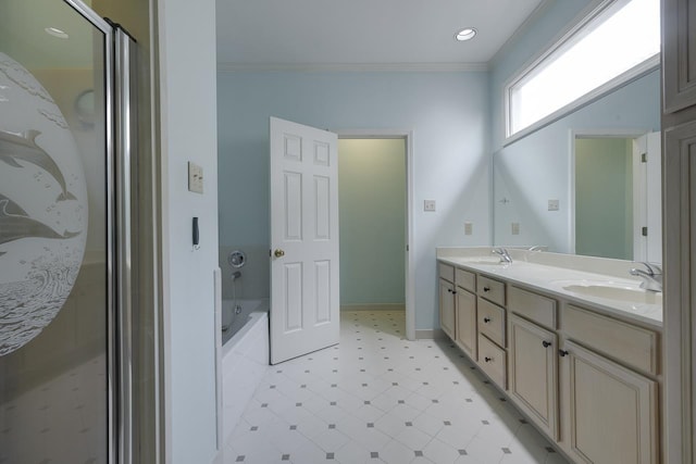 bathroom featuring vanity, ornamental molding, and plus walk in shower