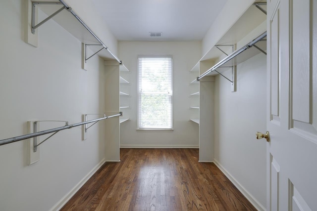 spacious closet with dark hardwood / wood-style flooring