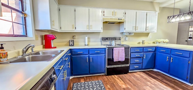 kitchen with white cabinetry, sink, a healthy amount of sunlight, black range with electric cooktop, and pendant lighting