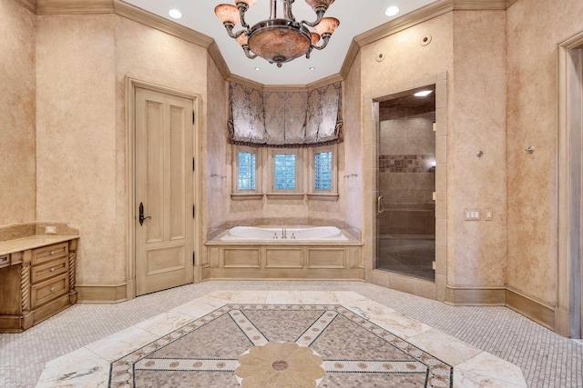 bathroom featuring plus walk in shower, an inviting chandelier, and crown molding