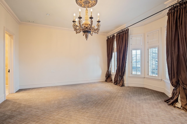 carpeted empty room with ornamental molding and a notable chandelier