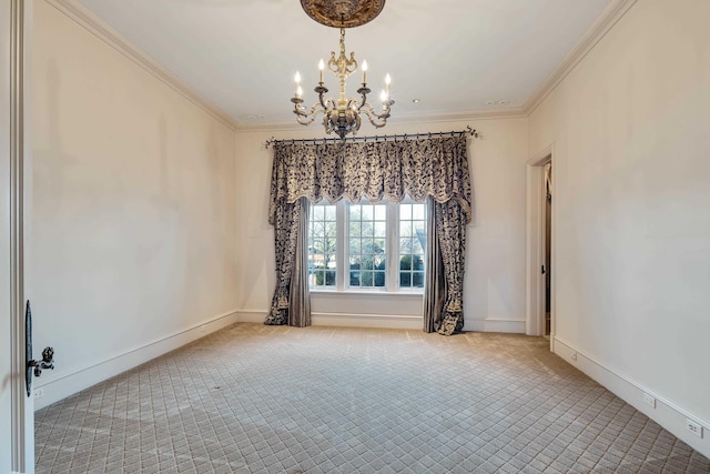 unfurnished room with light colored carpet, crown molding, and a notable chandelier