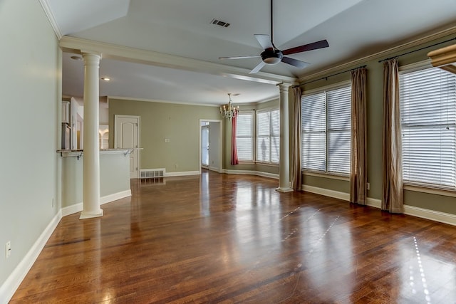 unfurnished room featuring lofted ceiling, crown molding, and ceiling fan with notable chandelier