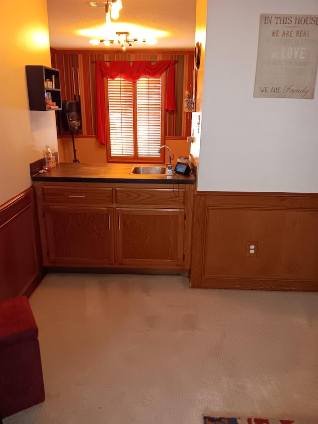 kitchen with sink and light carpet