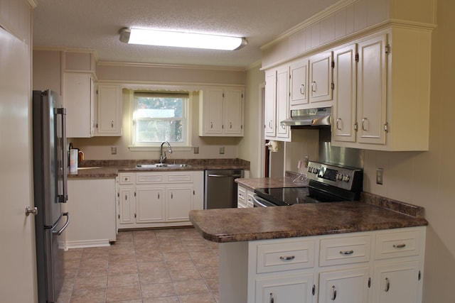 kitchen featuring white cabinets, sink, ornamental molding, a textured ceiling, and stainless steel appliances