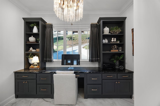 office area featuring ornamental molding and an inviting chandelier