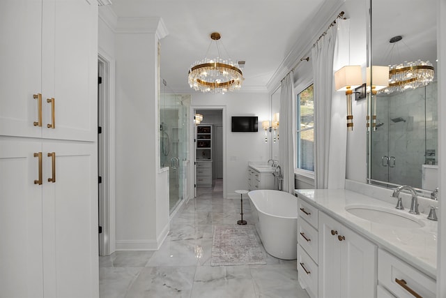 bathroom with plus walk in shower, vanity, a chandelier, and crown molding