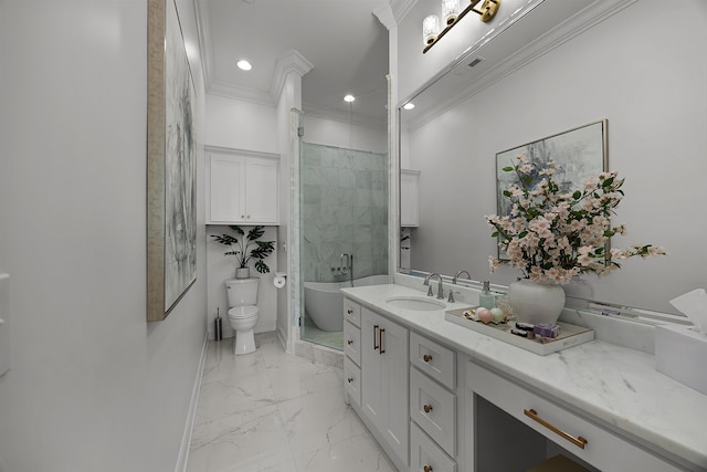 full bathroom featuring plus walk in shower, vanity, toilet, and ornamental molding