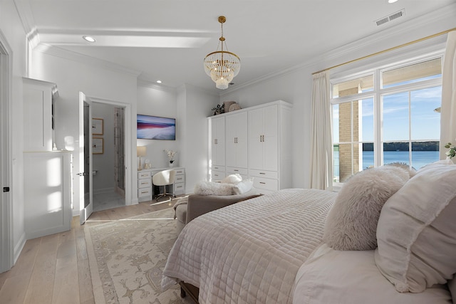 bedroom featuring access to outside, an inviting chandelier, light hardwood / wood-style flooring, and ornamental molding