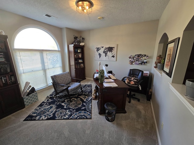 office space featuring carpet flooring and a textured ceiling